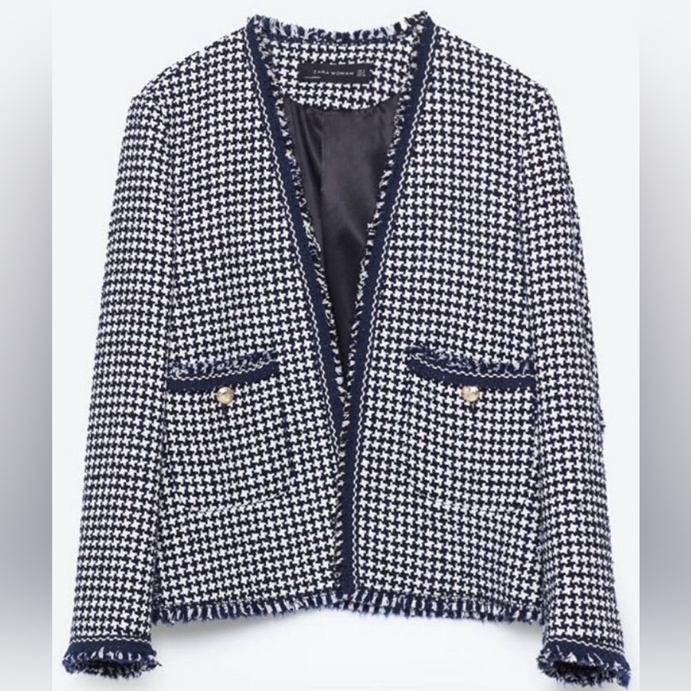 Zara Tweed Houndstooth Open Front Raw Edge Blazer